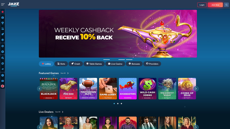 Page d'accueil du casino Jazz version ordinateur