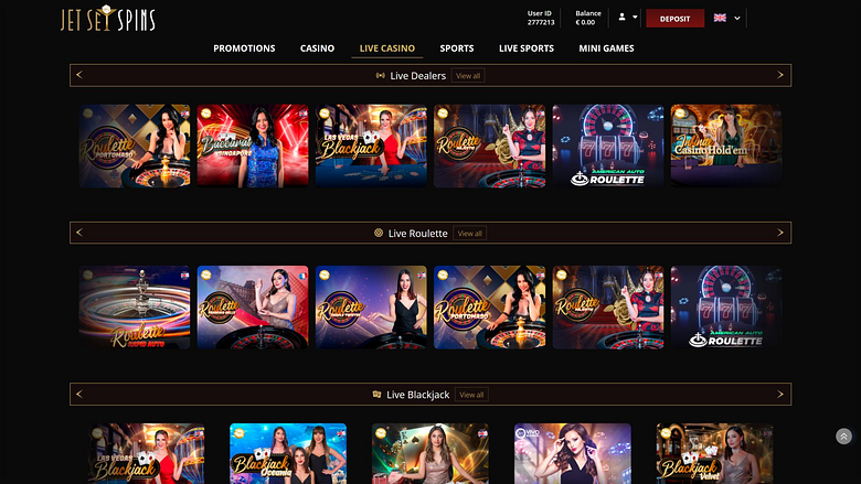 Casino JetSetSpins pour ordinateur avec croupier en direct