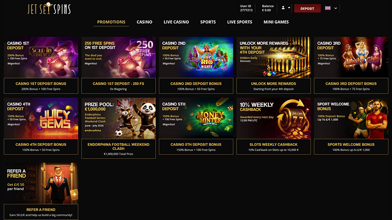 Promotions pour ordinateur de bureau du casino JetSetSpins