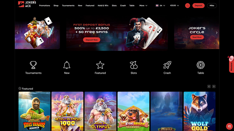 Page d'accueil du casino Joker's Ace (version ordinateur)