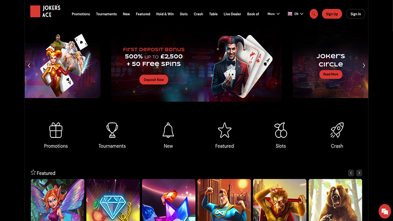 Screenshot della homepage di Joker's Ace Casino per desktop
