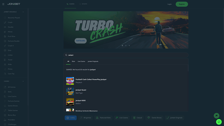 Jackpot du casino Jonbet sur ordinateur