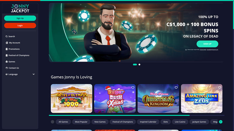 Page d'accueil du casino Jonny Jackpot version ordinateur