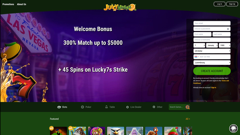 Página de inicio de Juicy Vegas Casino para escritorio