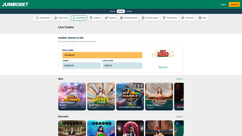 Captura de pantalla de LiveDealers del casino JumboBet