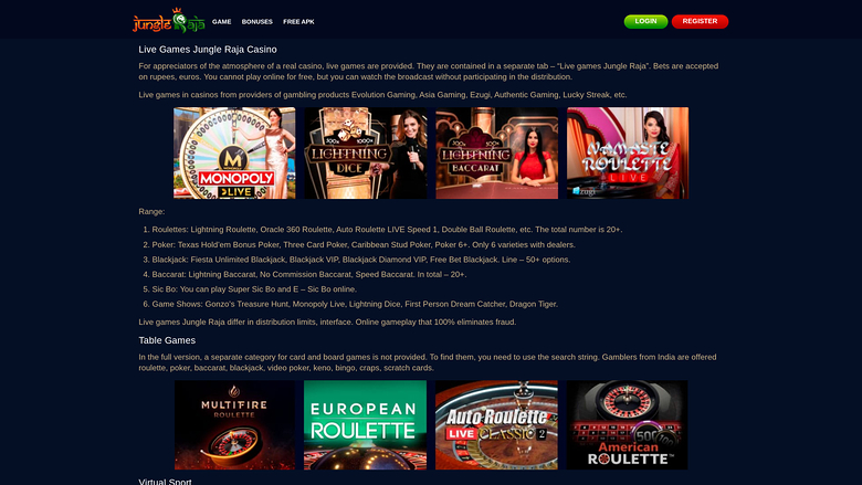 JungleRaja Casino Desktop croupier dal vivo