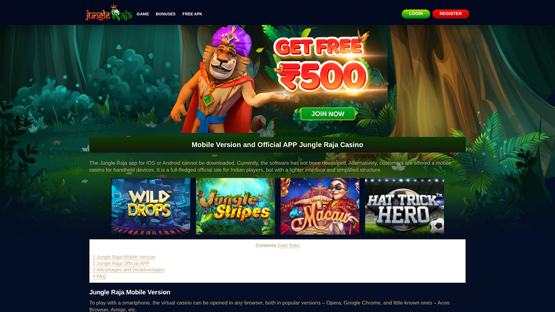 JungleRaja Casino versione desktop mobile