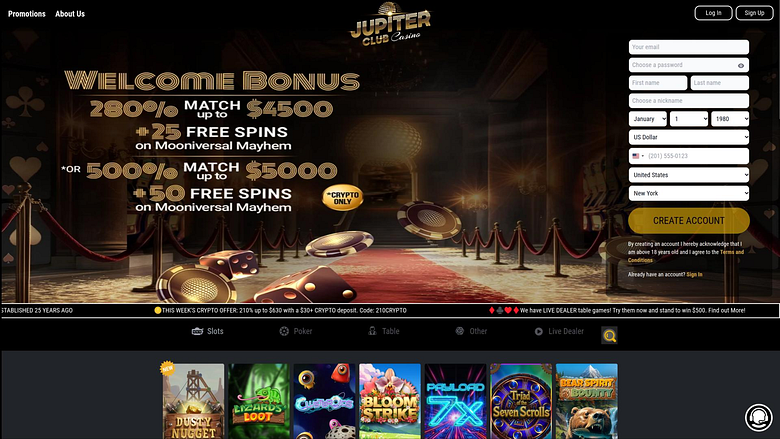 Página de inicio de escritorio del Jupiter Club Casino