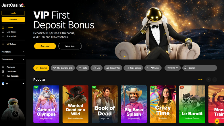 Page d'accueil de JustCasino pour ordinateur