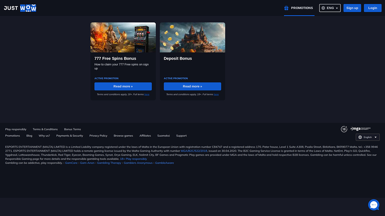 Promozioni desktop di JustWOW Casino