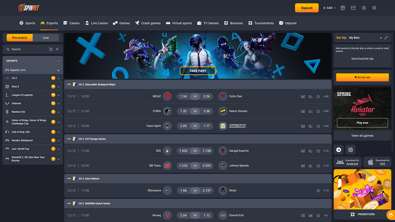 Casino JVSPINBET de escritorio para deportes electrónicos