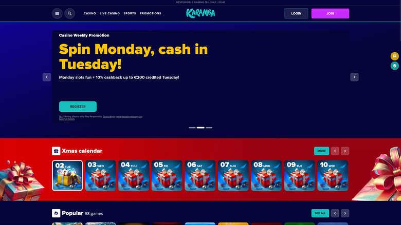 Page d’accueil du Karamba Casino Bureau