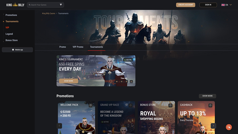 Tournois du King Billy Casino Bureau