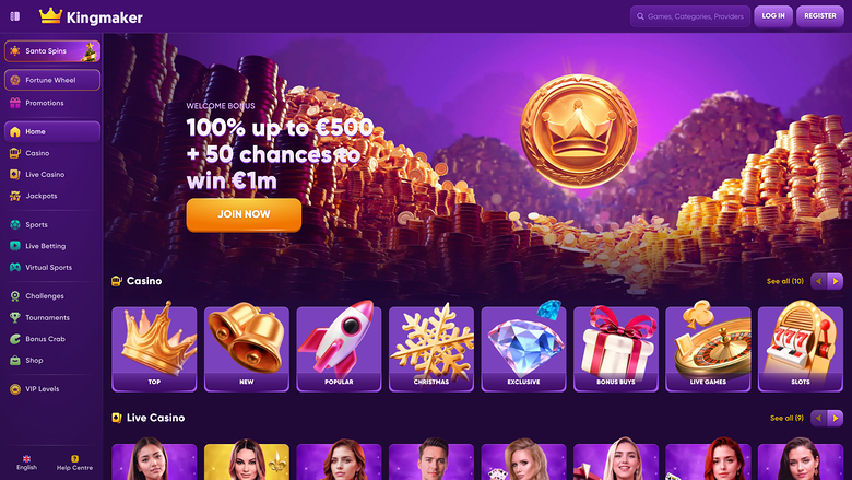 Page d'accueil du casino Kingmaker pour ordinateur