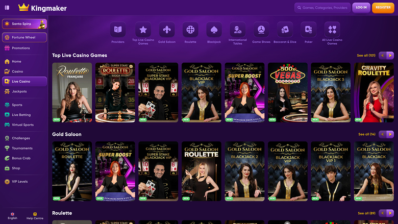 Kingmaker Casino sur ordinateur avec croupier en direct