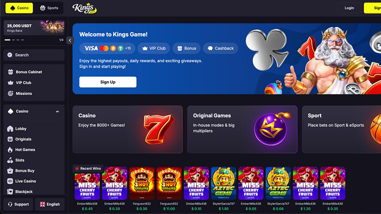 Page d'accueil du casino Kings Game