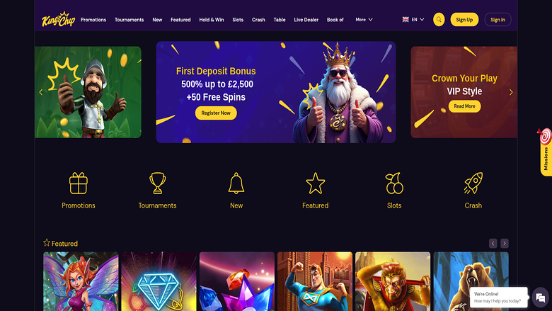 Screenshot della homepage di King's Chip Casino per desktop