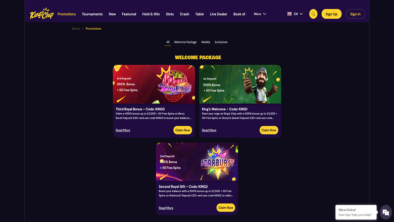 Screenshot delle promozioni di King's Chip Casino per Desktop
