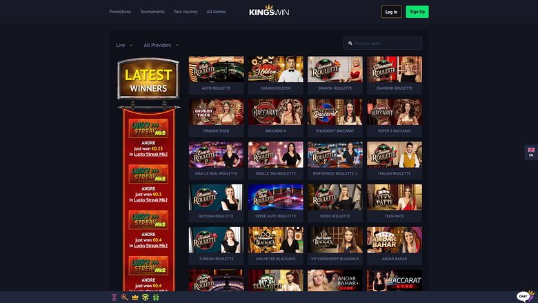 Casino KingsWin sur ordinateur avec croupier en direct