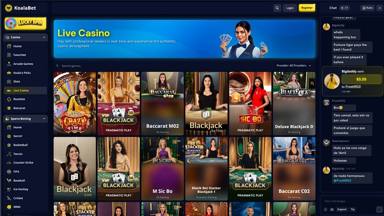 Captura de pantalla de la página en vivo de Koalabet Casino