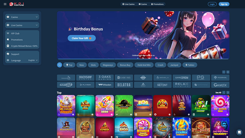 Page d'accueil du casino KoiFortune pour ordinateur