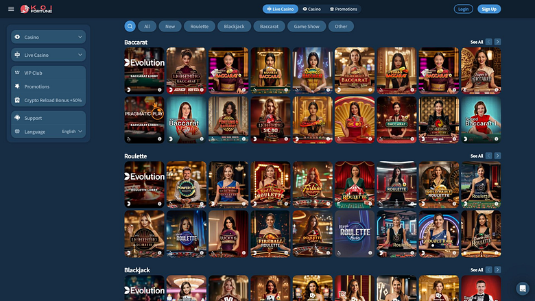 KoiFortune Casino sur ordinateur avec croupier en direct