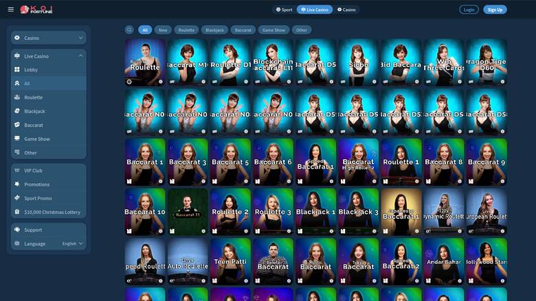 Скриншот страницы игр с живыми дилерами в казино KoiFortune.