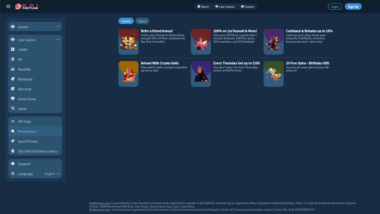Скриншот страницы акций казино KoiFortune