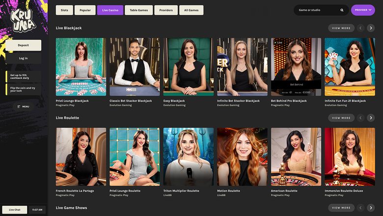 Croupier dal vivo per desktop di Kruuna Casino