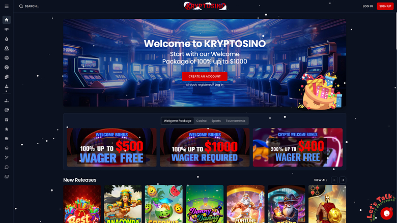 Homepage desktop del casinò Kryptosino