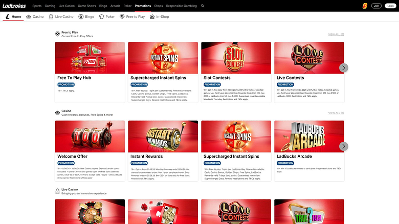Promozioni desktop del casinò Ladbrokes