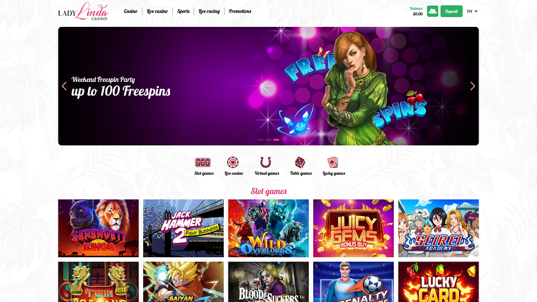 Page d'accueil du casino Lady Linda version ordinateur