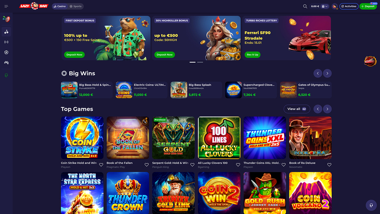 Page d'accueil du casino Lazybar pour ordinateur