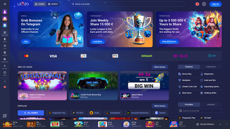 Page d'accueil du casino Legzo pour ordinateur