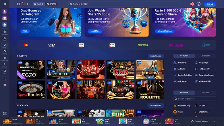 Croupier en direct sur ordinateur de bureau Legzo Casino