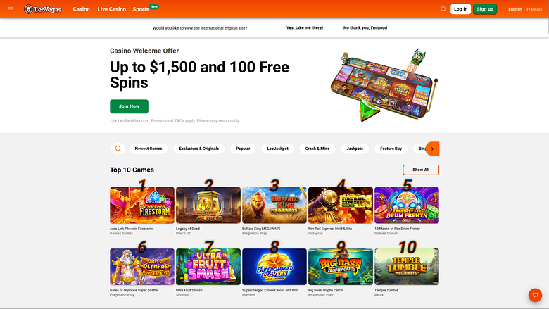 Página de inicio del casino LeoVegas para escritorio
