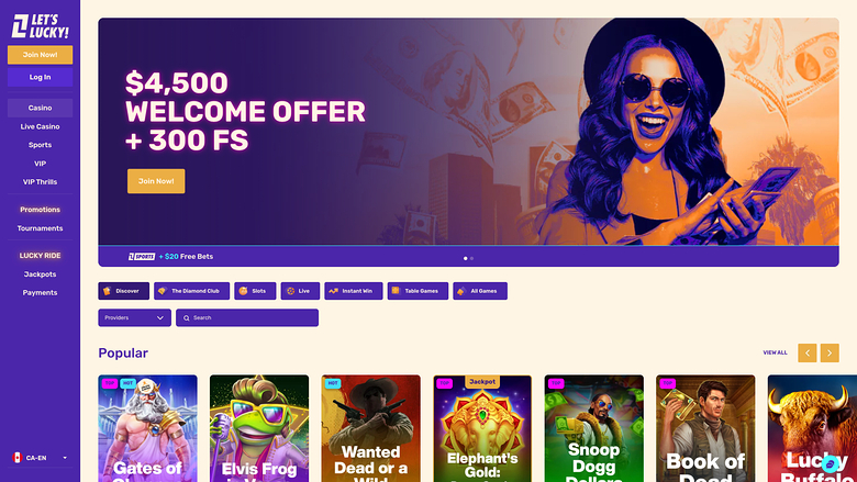 Page d'accueil de Lets Lucky Casino pour ordinateur