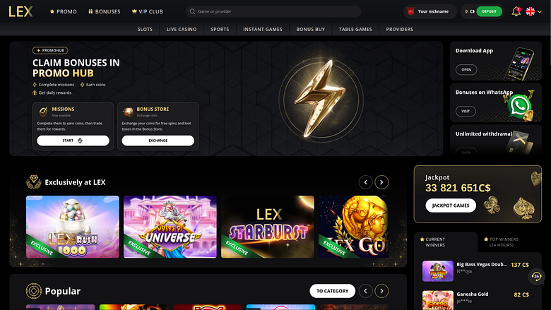 Homepage desktop di Lex Casino