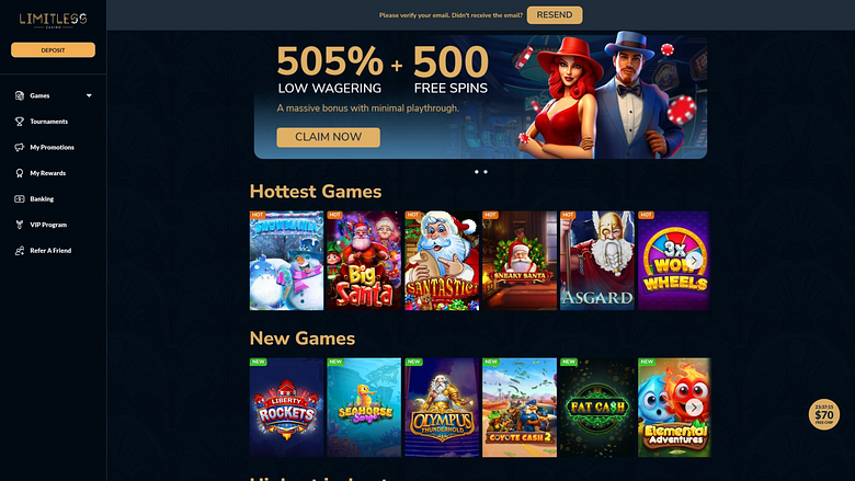 Главная страница Limitless Casino для настольных компьютеров