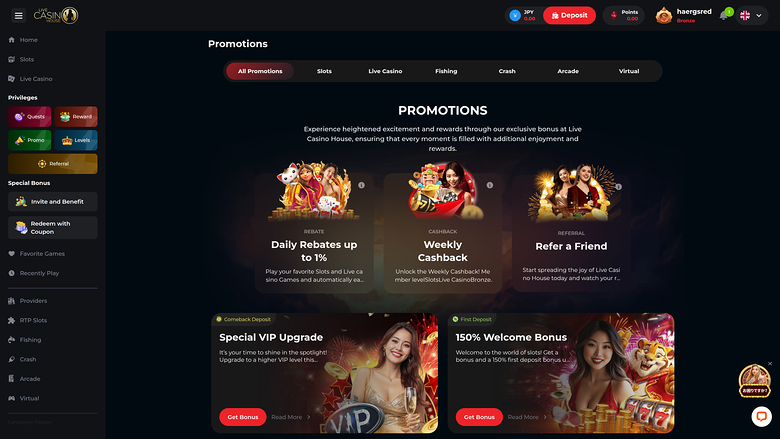 Promociones de escritorio de Live Casino House