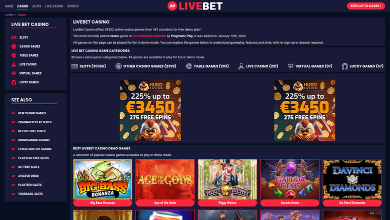 Page d'accueil du bureau de Livebet Casino