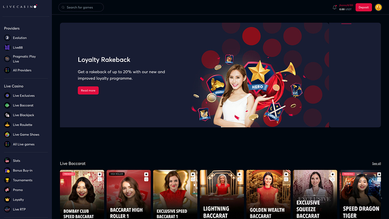 Homepage desktop di Livecasino