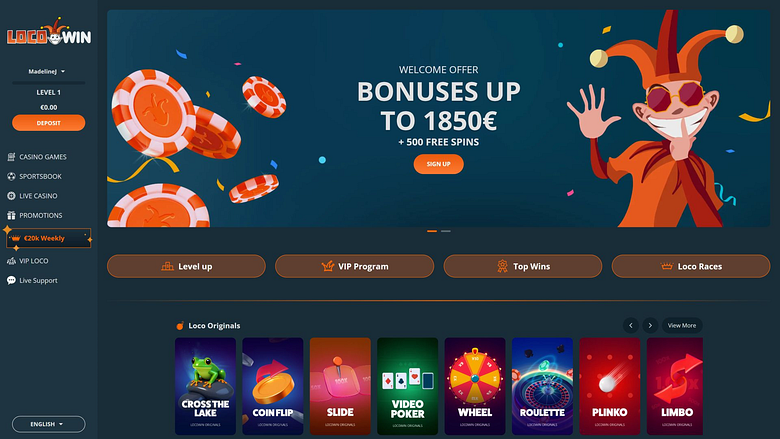 Page d'accueil du casino Locowin pour ordinateur