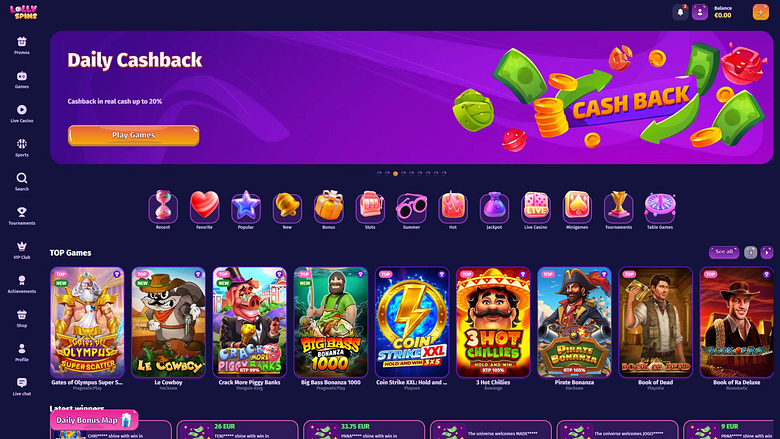 Page d'accueil du casino Lolly Spins pour ordinateur