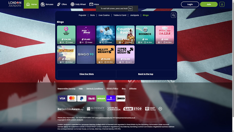 Bingo di London Jackpots Casino per Desktop