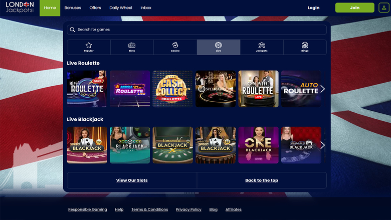 Casino London Jackpots sur ordinateur avec croupier en direct