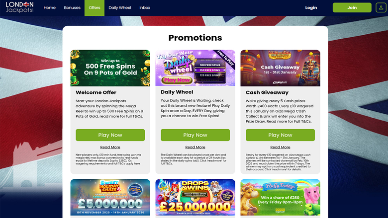 Promotions sur ordinateur du casino London Jackpots