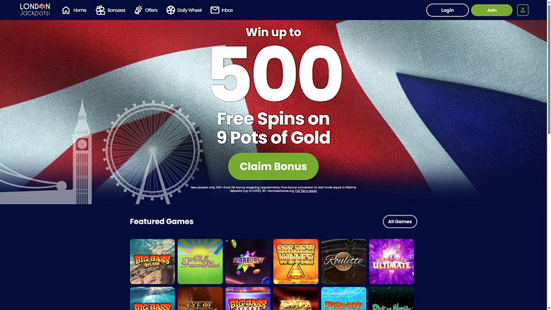 Homepage desktop del London Jackpots Casino