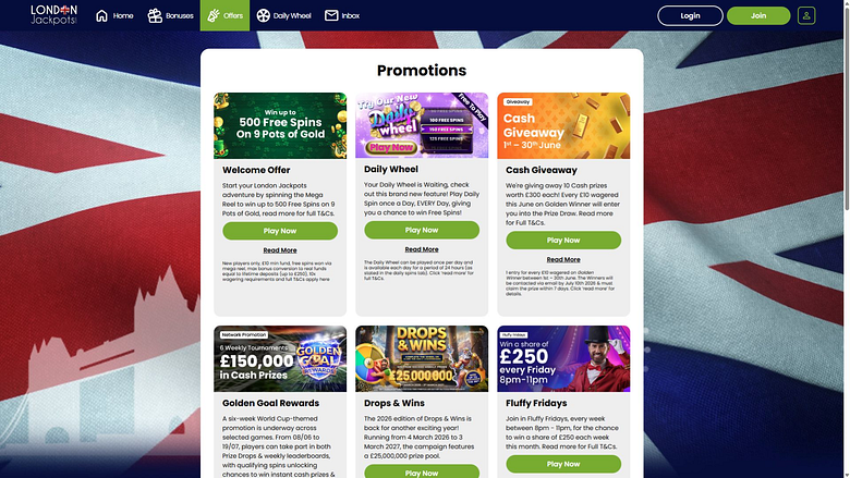 Promozioni desktop del London Jackpots Casino