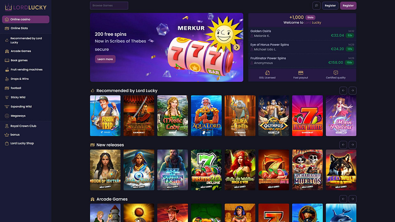 Homepage desktop di Lord Lucky Casino